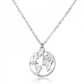 Docona Bohemian Silver Color World Map Pendant Necklace for Women Metal Earth Charms Necklaces Boho Jewelry Collars 2608