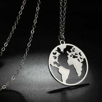 Docona Bohemian Silver Color World Map Pendant Necklace for Women Metal Earth Charms Necklaces Boho Jewelry Collars 2608