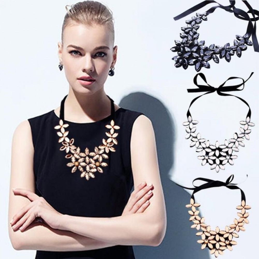 GEMIXI  Flower Ribbon Chain Short Necklace Pendant Crystal Choker Chunky Collar 4.20