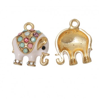 DoreenBeads Charm Pendants Elephant Gold color Pink Multicolor Rhinestone Enamel 18mm( 6/8) x 15mm( 5/8), 5 PCs