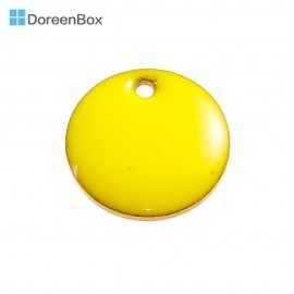 Doreen Box Gold Color Copper Enamelled Sequins Charms Round Pattern Yellow Enamel Pendants For DIY 12mm( 4/8) Dia, 10 PCs