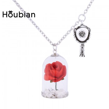 Houbian Glass Vial Dried Flower Pendant Necklace Beauty Red Roses Necklace for Christmas Gifts