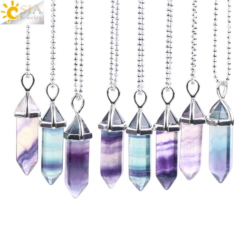 CSJA Fluorite Necklace Pendant Natural Gem Stone Quartz Bullet Hexagonal Point Pendulum Column Reiki Healing Chakra Jewelry E546