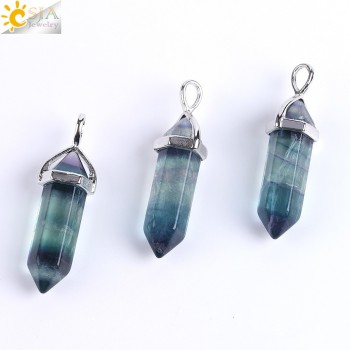 CSJA Fluorite Necklace Pendant Natural Gem Stone Quartz Bullet Hexagonal Point Pendulum Column Reiki Healing Chakra Jewelry E546