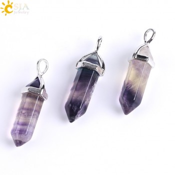 CSJA Fluorite Necklace Pendant Natural Gem Stone Quartz Bullet Hexagonal Point Pendulum Column Reiki Healing Chakra Jewelry E546