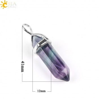 CSJA Fluorite Necklace Pendant Natural Gem Stone Quartz Bullet Hexagonal Point Pendulum Column Reiki Healing Chakra Jewelry E546