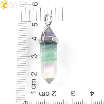 CSJA Fluorite Necklace Pendant Natural Gem Stone Quartz Bullet Hexagonal Point Pendulum Column Reiki Healing Chakra Jewelry E546