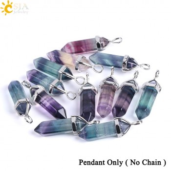 CSJA Fluorite Necklace Pendant Natural Gem Stone Quartz Bullet Hexagonal Point Pendulum Column Reiki Healing Chakra Jewelry E546