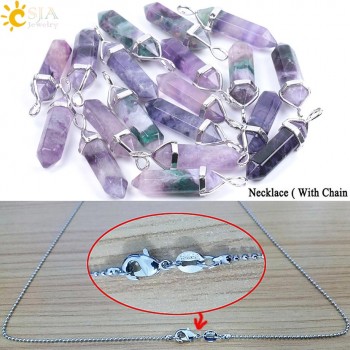 CSJA Fluorite Necklace Pendant Natural Gem Stone Quartz Bullet Hexagonal Point Pendulum Column Reiki Healing Chakra Jewelry E546