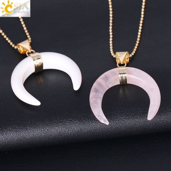 CSJA Natural Stones Crescent Moon Necklaces Pendants Purple Crystal Pink Quartz White Stone Gold Color Reiki Women Jewelry F306