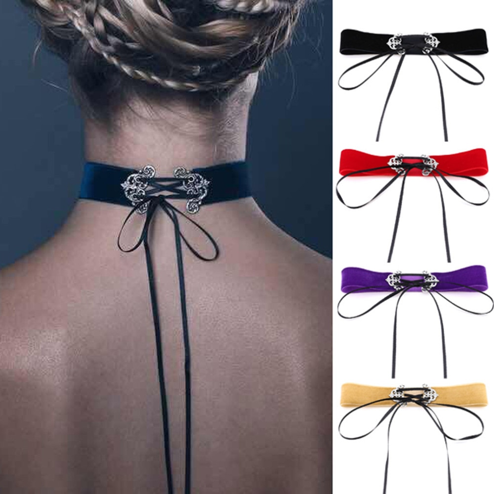 Neo Gothic Hippie Simple Black Deep Navy Blue Wine Red Orange Velvet Fabric Ban Tie Closure Adjustable Choker Necklaces Women