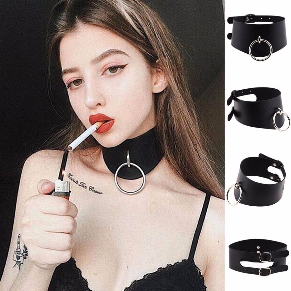 Punk Goth Leather Bondage Collar O Round Choker Necklace BDSM Slave Collar