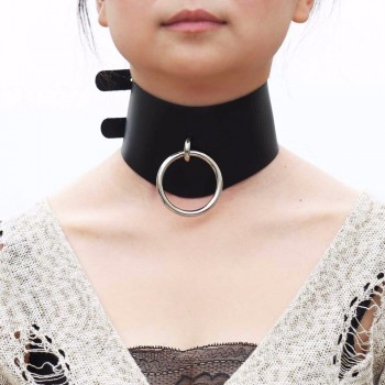 Punk Goth Leather Bondage Collar O Round Choker Necklace BDSM Slave Collar