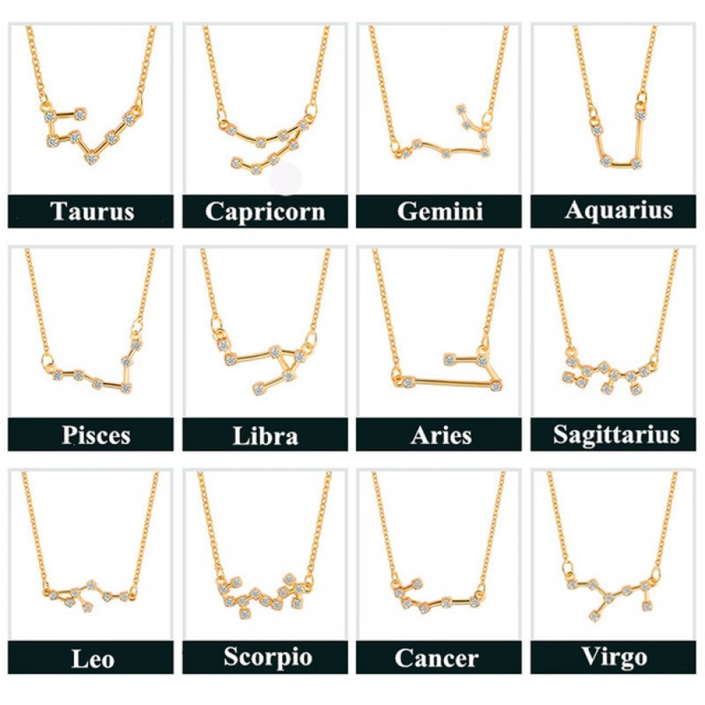 Star Zodiac Sign 12 Constellation Guardian Necklace Crystal Gold Silver Chain Clavicle Choker Necklace Valentines Day Gift