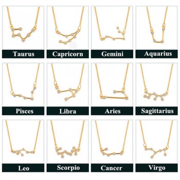 Star Zodiac Sign 12 Constellation Guardian Necklace Crystal Gold Silver Chain Clavicle Choker Necklace Valentines Day Gift