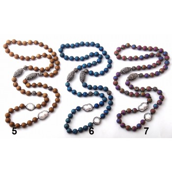 Fashion Blue Druzy Beads Knotted Halsband Handmake Paved Natural Stone and Pearl Beads Necklace