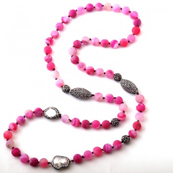 Fashion Blue Druzy Beads Knotted Halsband Handmake Paved Natural Stone and Pearl Beads Necklace