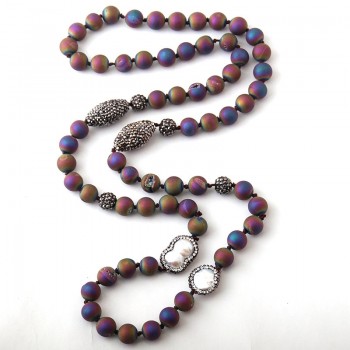 Fashion Blue Druzy Beads Knotted Halsband Handmake Paved Natural Stone and Pearl Beads Necklace