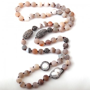 Fashion Blue Druzy Beads Knotted Halsband Handmake Paved Natural Stone and Pearl Beads Necklace