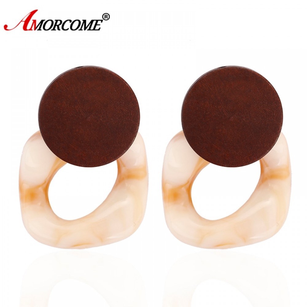 Amorcome New Simple Geometric Dangle Earrings For Women Wooden Resin Earrings Fashion Korean Statement Geometric Jewelry