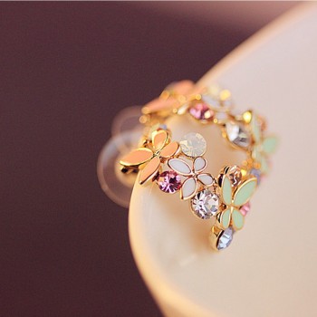New Hot Sale Gold Rhinestone Colorful Flowers C Letter Type Butterfly Stud Earrings For Women Fashion Jewelry