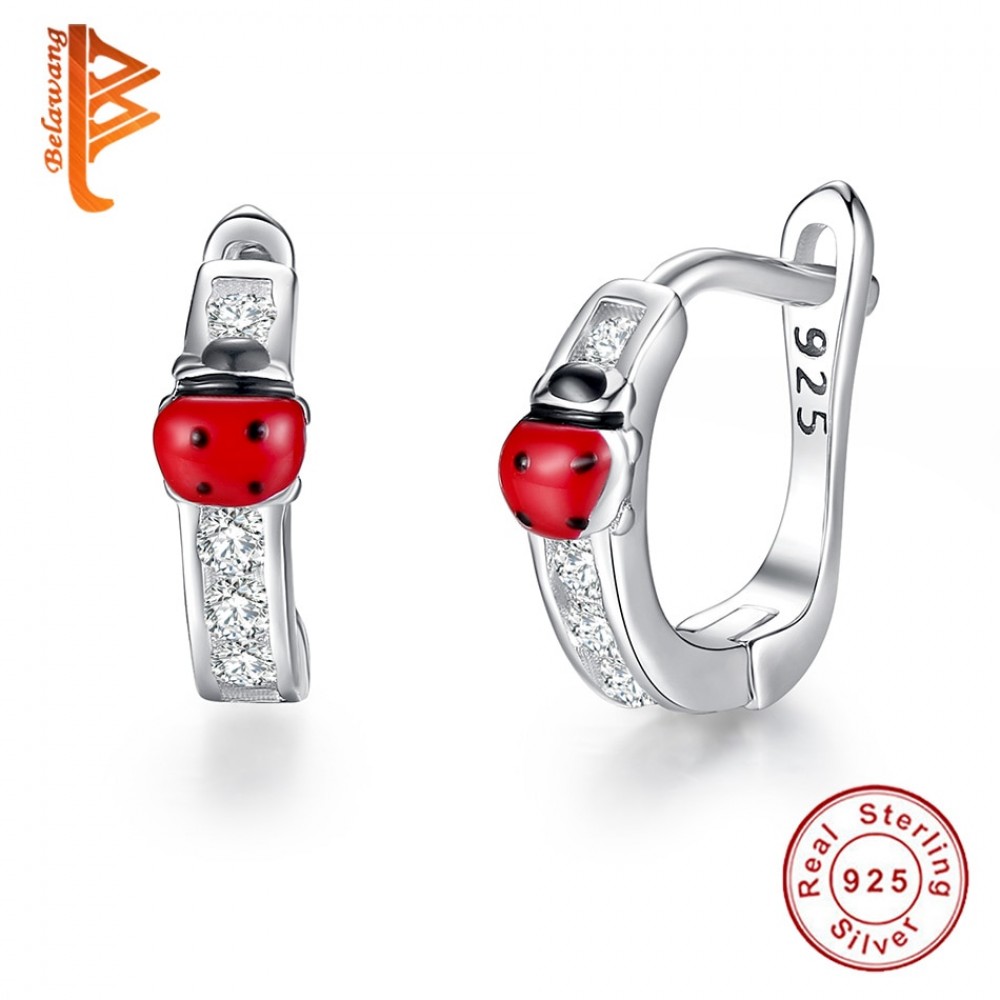 BELAWANG Cute 925 Sterling Silver Animal Ladybug Earrings For Child Red Enamel Small Ladybird Stud Earrings Fashion Jewelry Gift
