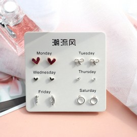 6 Pairs/set, 2018 New Earrings for Women Stars Heart Crytal Cute Earrings Fashion Jewelry Monday To Saturday 6 Pairs Earrings