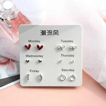 6 Pairs/set, 2018 New Earrings for Women Stars Heart Crytal Cute Earrings Fashion Jewelry Monday To Saturday 6 Pairs Earrings