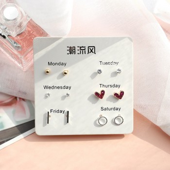 6 Pairs/set, 2018 New Earrings for Women Stars Heart Crytal Cute Earrings Fashion Jewelry Monday To Saturday 6 Pairs Earrings
