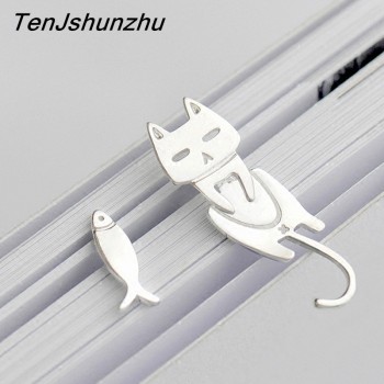 Prevent Allergy 100% 925 Sterling Silver Cat Fish Stud Earrings For Women Gift Hypoallergenic Sterling-silver-jewelry