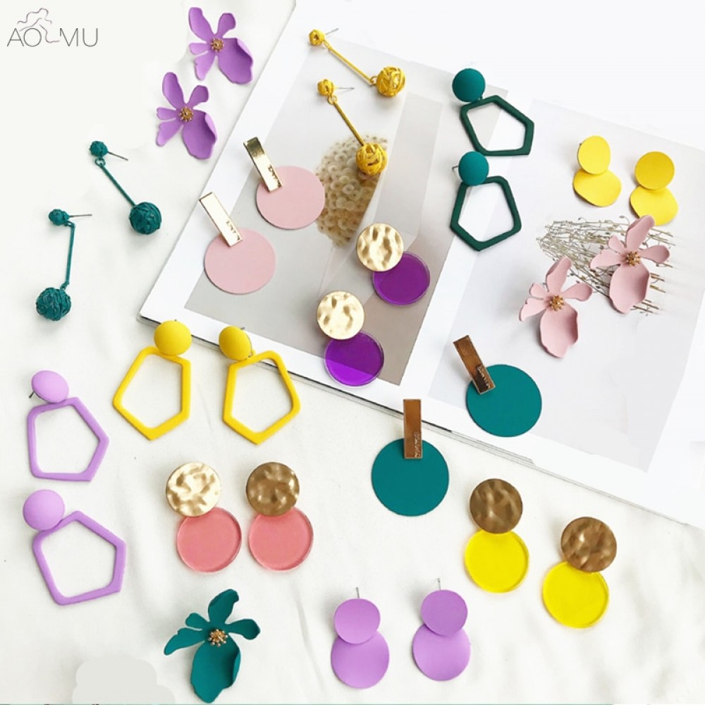 AOMU 2018 New Metal Wire Ball Colorful Acrylic Geometric Circle Irregular Flower Long Dangle Earrings For Women Girl Brinco