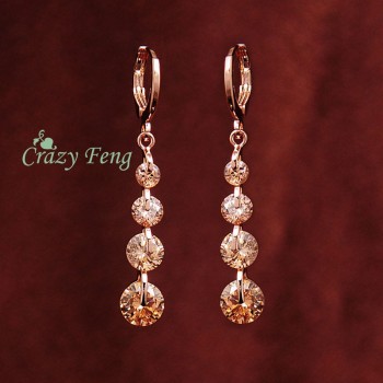 Crazy Feng Free shipping Fashion New Women Gold-color pink CZ Crystal Pierced Dangle Drop Earrings Wedding Jewelry Earring