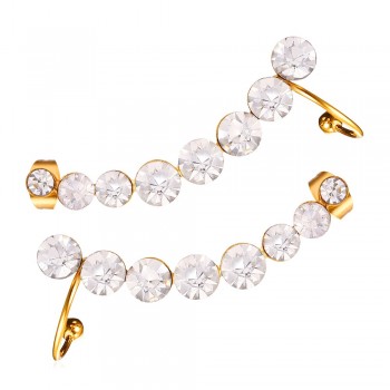 Kpop Women Clip Earrings with stud Luxury Rhinestone Cuff Earrings Gold Color Valentine Gift Stainless steel Jewelry E2230Y