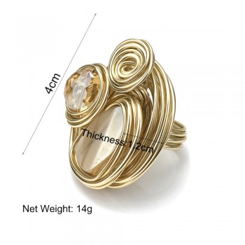 MANILAI Boho Handmade Big Champagne Crystal Rings For Women Fashion Jewelry Gold Color Wire Helical Wound Beads Finger Ring