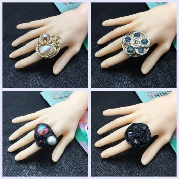 MANILAI Boho Handmade Big Champagne Crystal Rings For Women Fashion Jewelry Gold Color Wire Helical Wound Beads Finger Ring