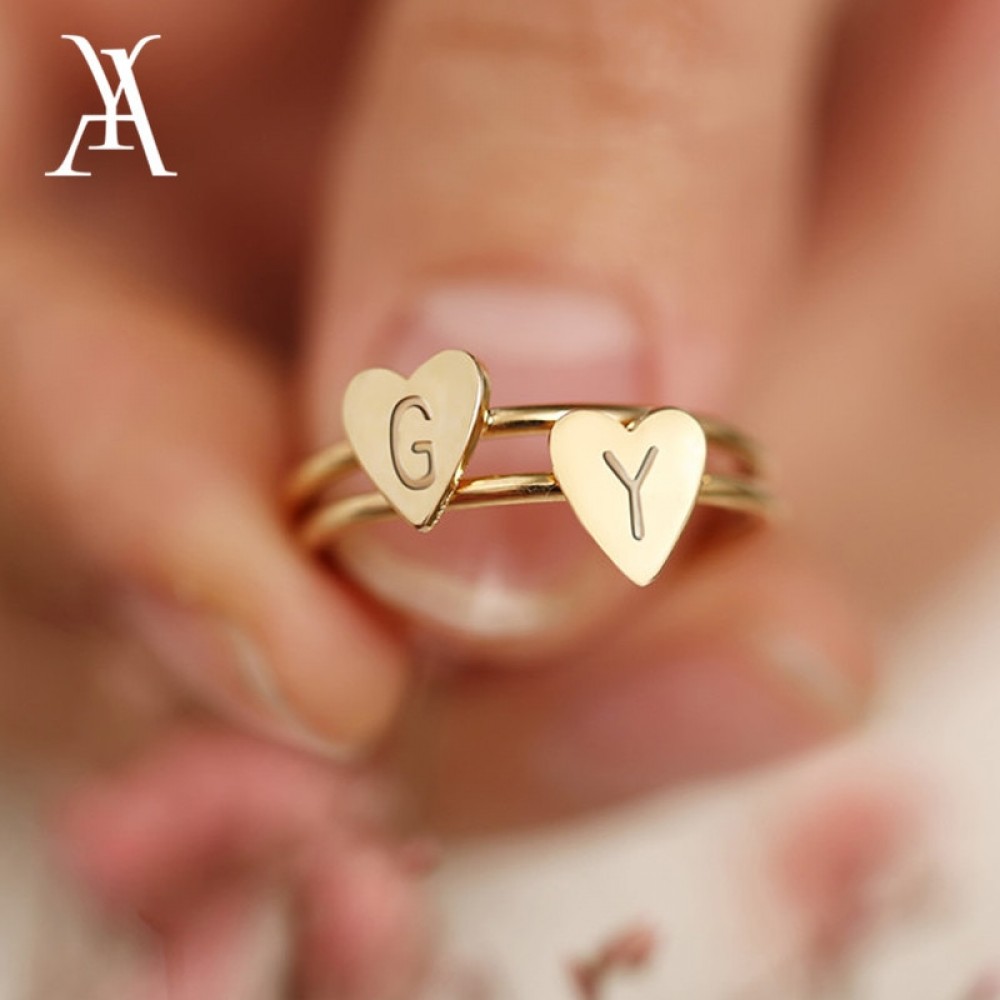 Personalized Hand Stamped Stacking A-Z Initial Ring Bohemian Engraved Letter Rings for Women Gold Color Heart Rings