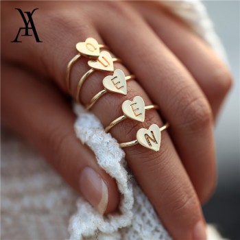 Personalized Hand Stamped Stacking A-Z Initial Ring Bohemian Engraved Letter Rings for Women Gold Color Heart Rings