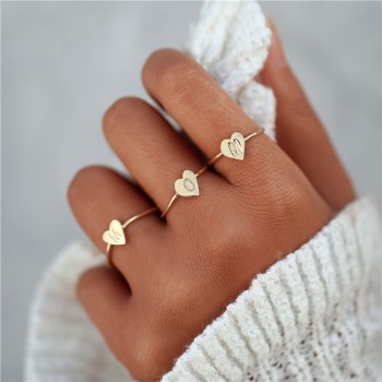 Personalized Hand Stamped Stacking A-Z Initial Ring Bohemian Engraved Letter Rings for Women Gold Color Heart Rings