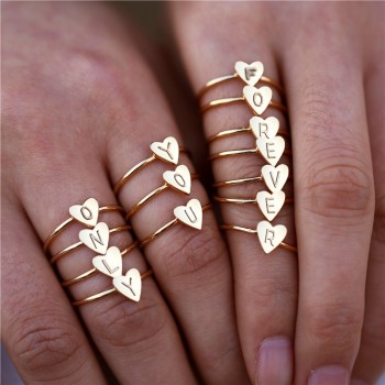 Personalized Hand Stamped Stacking A-Z Initial Ring Bohemian Engraved Letter Rings for Women Gold Color Heart Rings