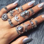 14 Pcs/ Set Punk Crystal Moon Flower Leaves Water Drop Tarot Symbol Irregular Joint Ring Women Charm Silver Ring Set Combination