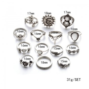 14 Pcs/ Set Punk Crystal Moon Flower Leaves Water Drop Tarot Symbol Irregular Joint Ring Women Charm Silver Ring Set Combination