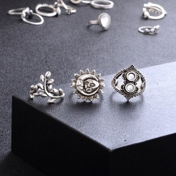 14 Pcs/ Set Punk Crystal Moon Flower Leaves Water Drop Tarot Symbol Irregular Joint Ring Women Charm Silver Ring Set Combination