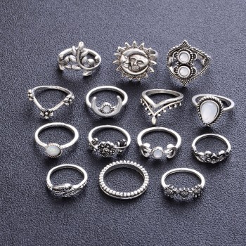 14 Pcs/ Set Punk Crystal Moon Flower Leaves Water Drop Tarot Symbol Irregular Joint Ring Women Charm Silver Ring Set Combination