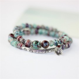Flower Ceramic Beads Double Bracelets Natural Stone Charm Handmade Accessories Bronze Porcelain Statement Bangles Fashion Gift