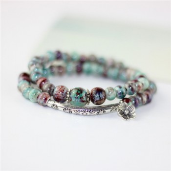 Flower Ceramic Beads Double Bracelets Natural Stone Charm Handmade Accessories Bronze Porcelain Statement Bangles Fashion Gift