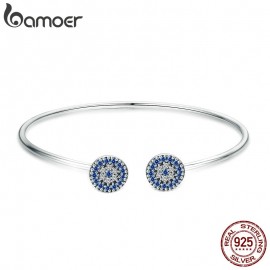 BAMOER 2018 New 100% 925 Sterling Silver Lucky Blue Eyes Blue CZ Women Open Cuff Bangle amp; Bracelet Luxury Silver Jewelry SCB058