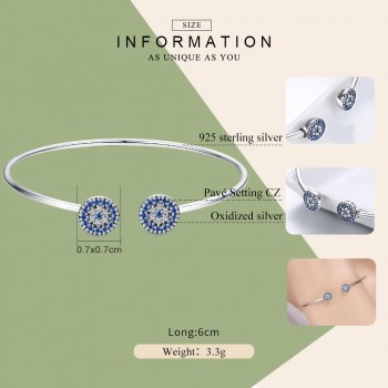 BAMOER 2018 New 100% 925 Sterling Silver Lucky Blue Eyes Blue CZ Women Open Cuff Bangle amp; Bracelet Luxury Silver Jewelry SCB058