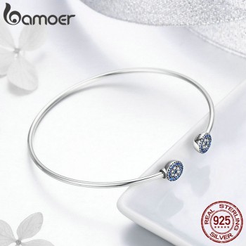BAMOER 2018 New 100% 925 Sterling Silver Lucky Blue Eyes Blue CZ Women Open Cuff Bangle amp; Bracelet Luxury Silver Jewelry SCB058