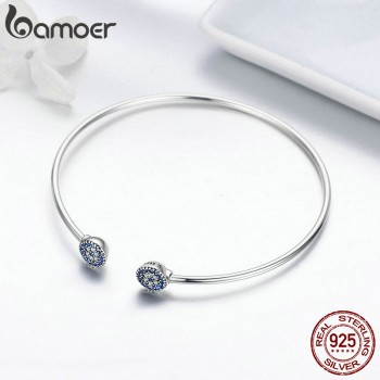 BAMOER 2018 New 100% 925 Sterling Silver Lucky Blue Eyes Blue CZ Women Open Cuff Bangle amp; Bracelet Luxury Silver Jewelry SCB058