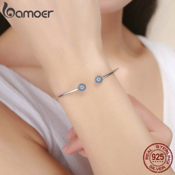 BAMOER 2018 New 100% 925 Sterling Silver Lucky Blue Eyes Blue CZ Women Open Cuff Bangle amp; Bracelet Luxury Silver Jewelry SCB058
